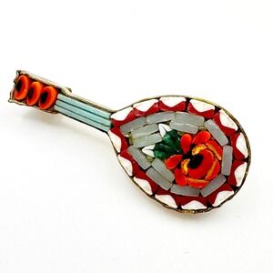 Vintage Italian Micro Mosaic Mandolin Brooch Millefiori 1950s Pin Guitar Music